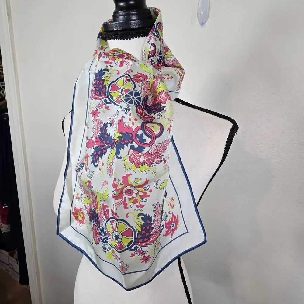 Vintage 80s June Critchfield Silk Rectangle Scarf Floral Navy Pink DAR Museum